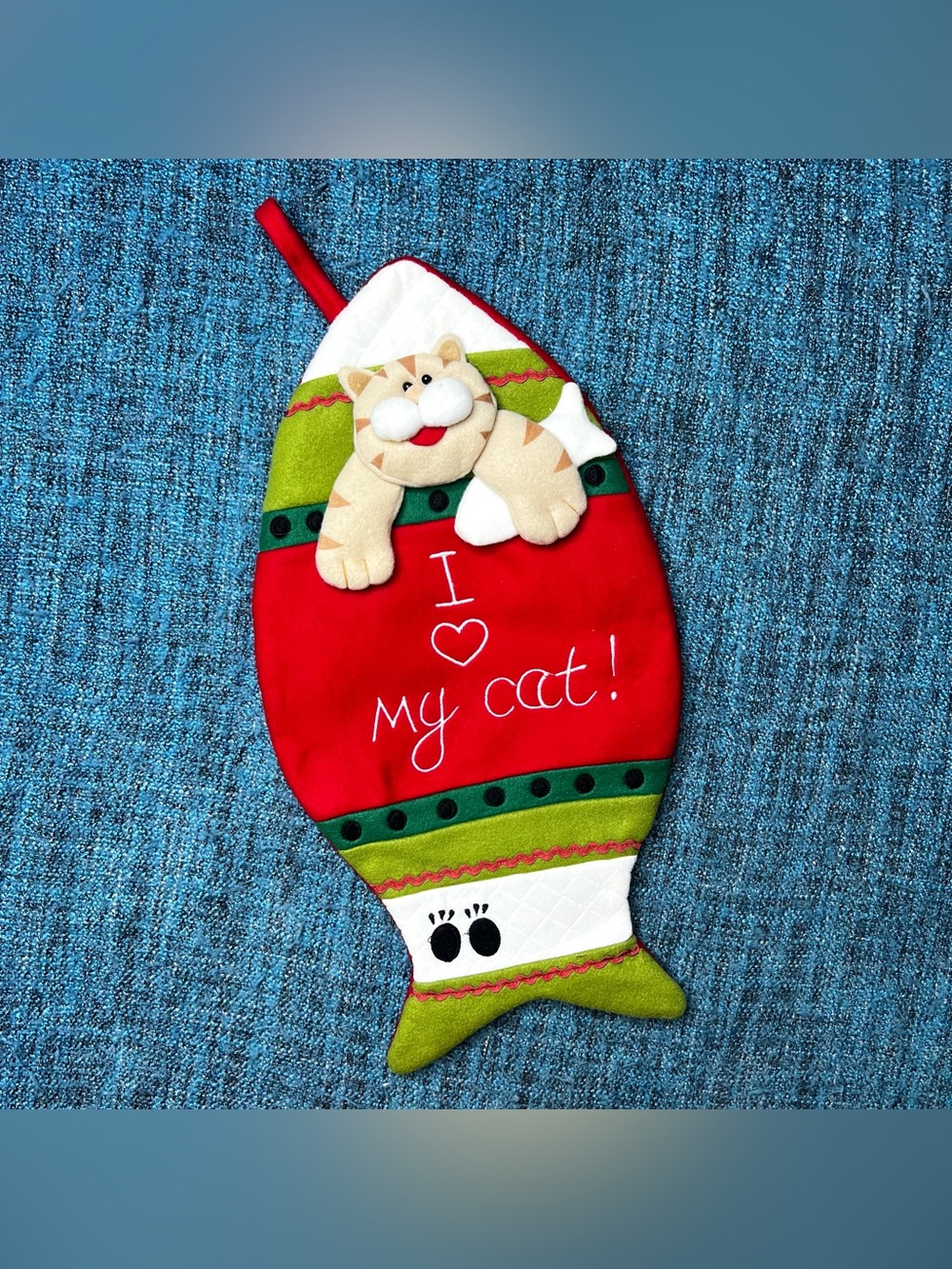 Vintage Santa's Best I Love my Cat Christmas Stocking Fish Shaped Holiday Decor